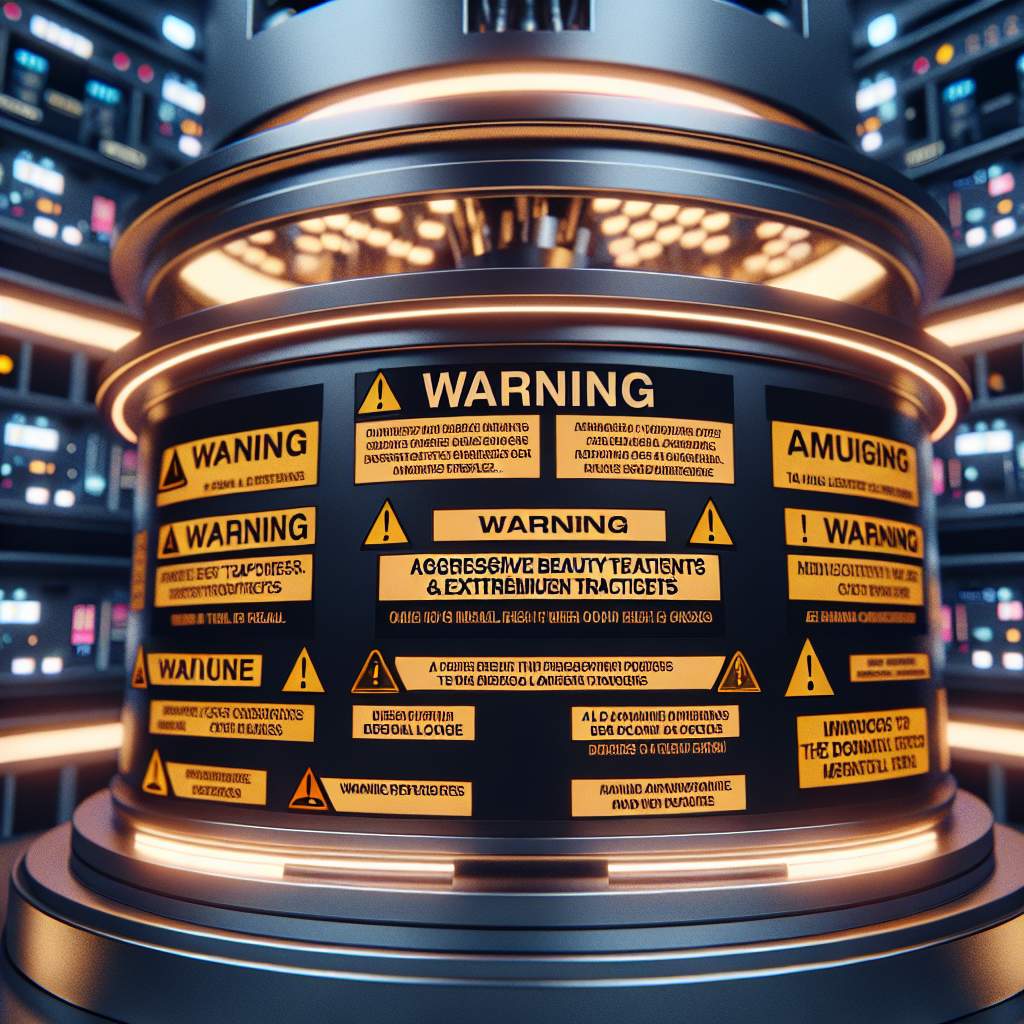 Warning labels on aggressive beauty treatments, highlighting the risks associated with extreme looksmaxxing practices.